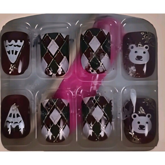 Unbranded Other - 24pcs Christmas Press On Nails Medium Square Tip Holiday Plaid, Polar Bear Tree